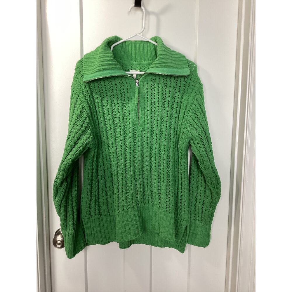 Aerie chunky cable knit quarter‎ zip sweater green soft oversized fit size xs - Picture 2 of 11